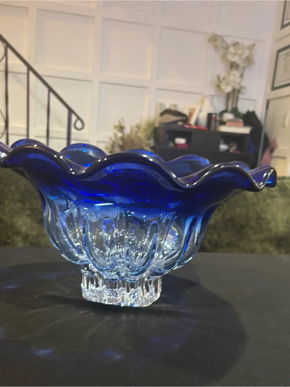 Shannon Crystal Cobalt Clear/Blue Ruffled Bowl Designs of Ireland 6.75
